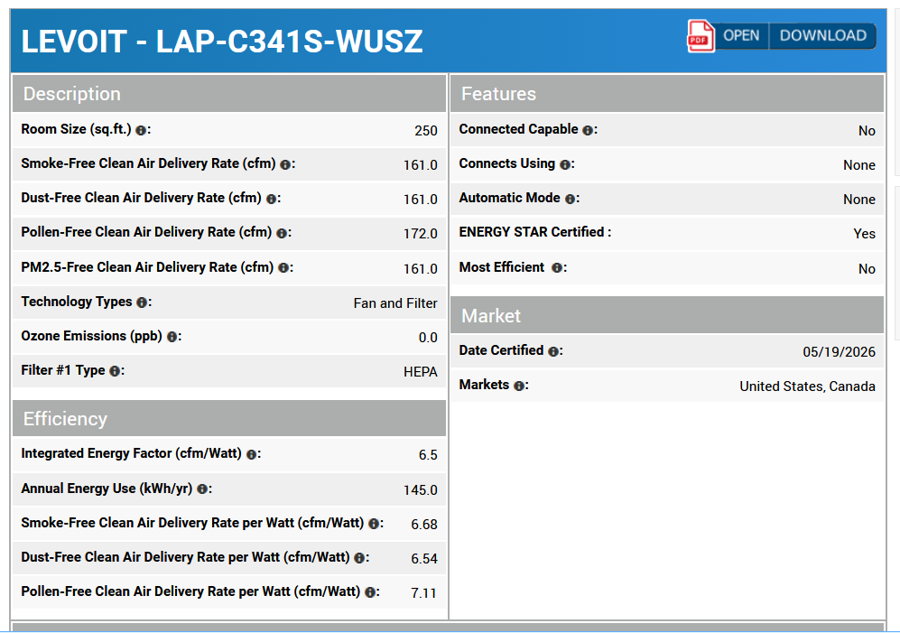 Energy Star specification sheet for the Levoit LAP-C341S-WUSZ air purifier
