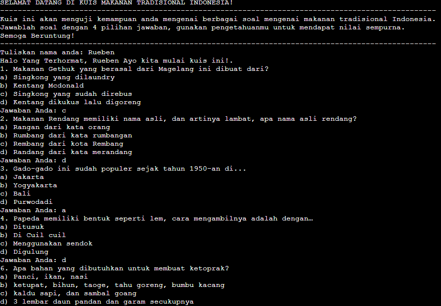 Membuat Program Kuis Mengenai Ragam Soal Mengenai Makanan Tradisional Indonesia Melalui C++