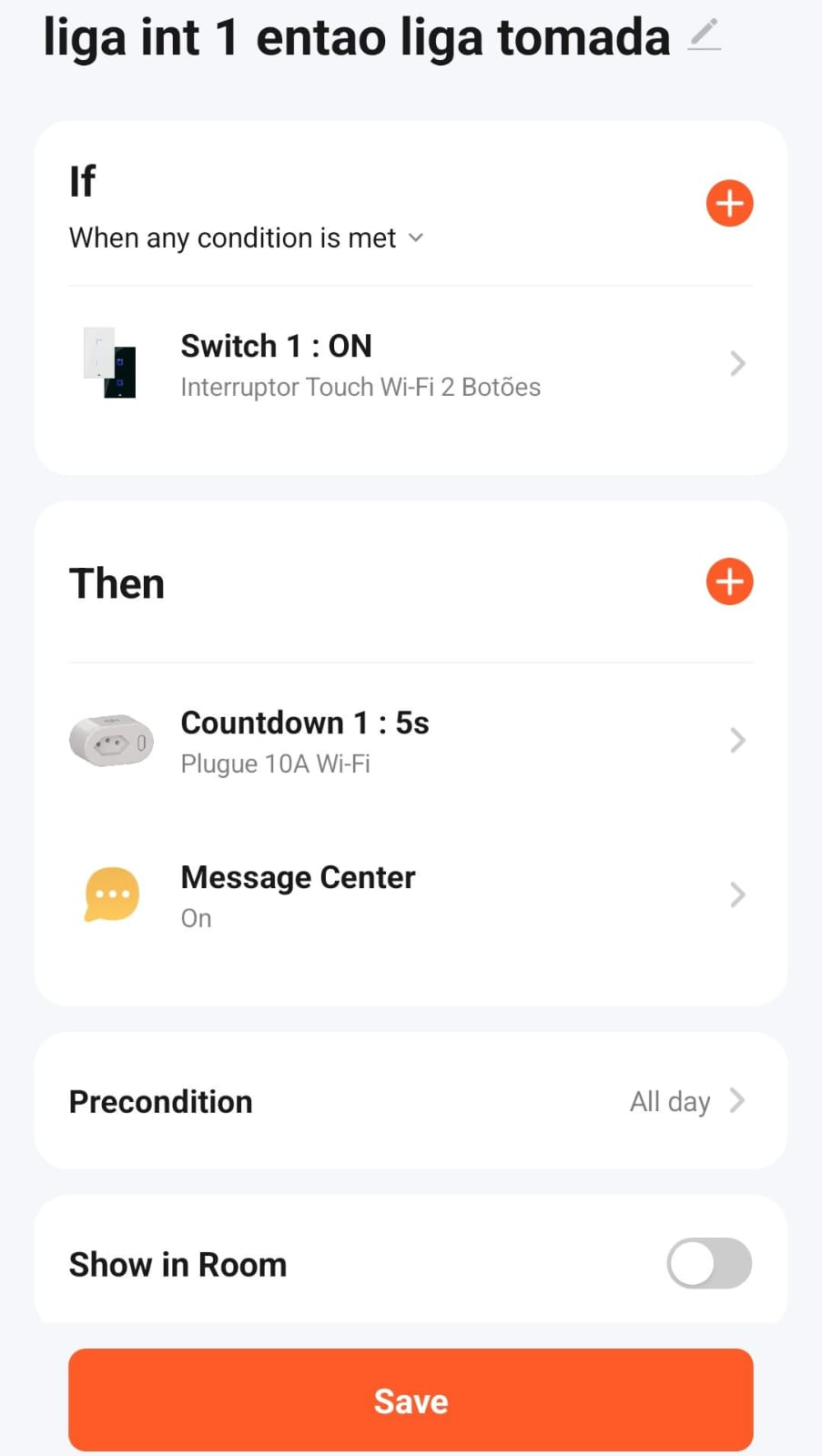 Automação utilizando recurso de Countdown nativo. Instruções: If When any condition is met -> Switch 1 (ON); Then: Countdown 1 (5s); Message Center (ON)