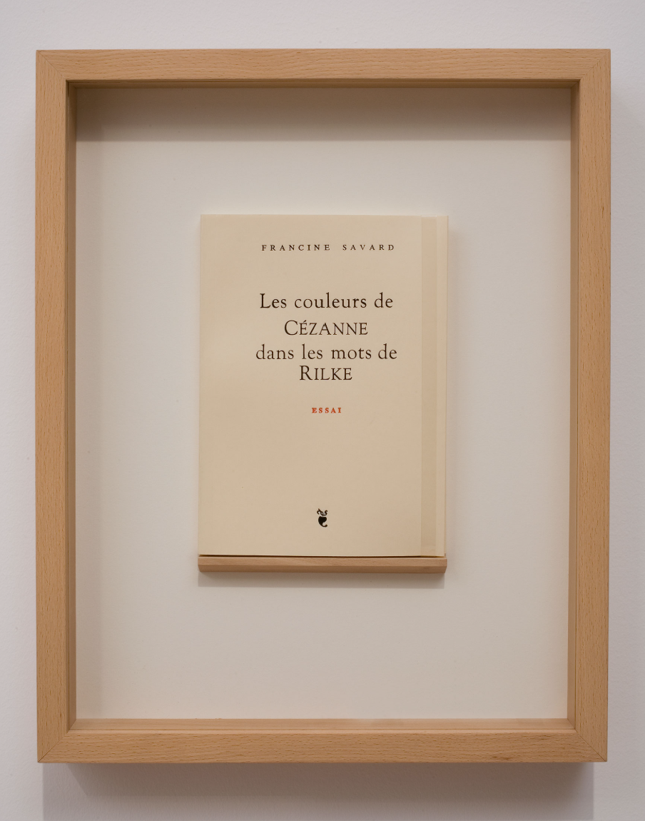 Francine Savard, The Colours of Cézanne in the Words of Rilke 36/100 — Test (detail), 1998, vinyl and acrylic on canvas mounted on fibreboard, framed book, 380 x 66 cm (painting), 42 x 33 cm (framed book). Photo by: Richard-Max Tremblay. Courtesy of MACM.