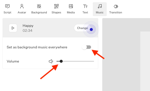 Options to change music for the AI video