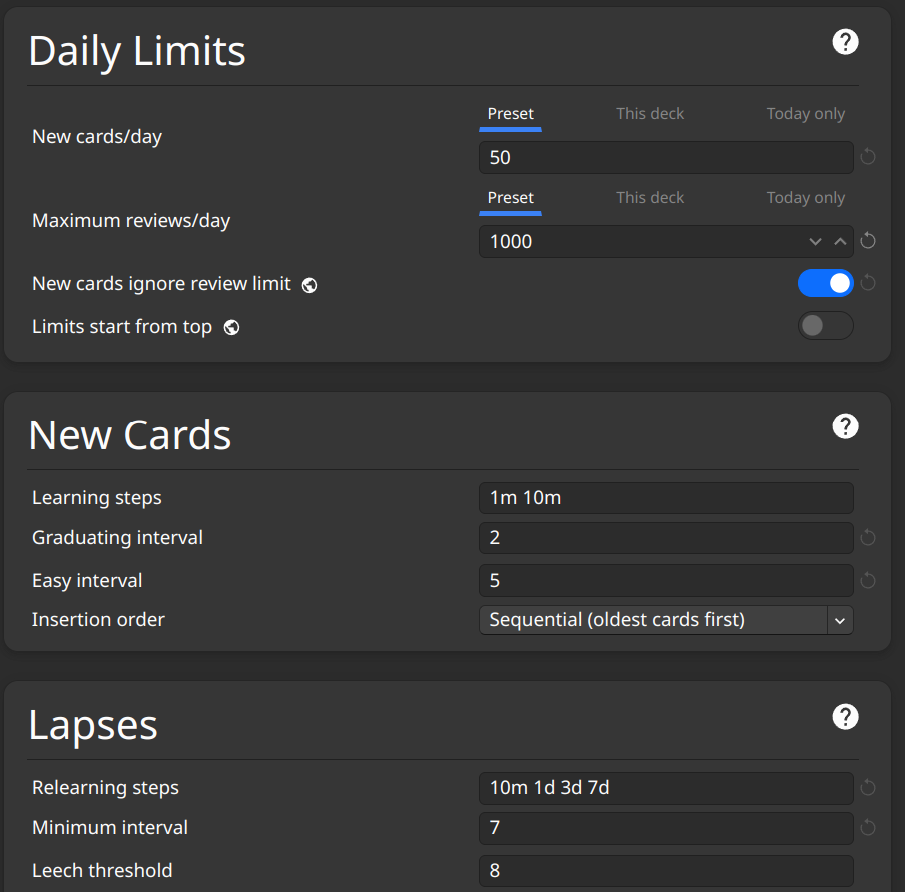 Anki Daily Limit and New Card settings