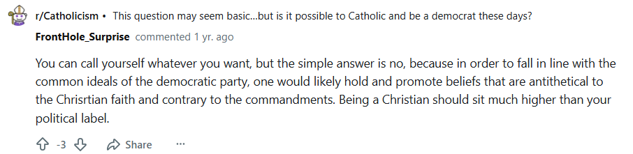 Does Jesus say I must be in a political party to follow Him? reddit.com/r/catholicism