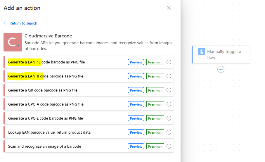 Look for EAN-13 and EAN-8 options on the Cloudmersive Barcode connector actions list; select one
