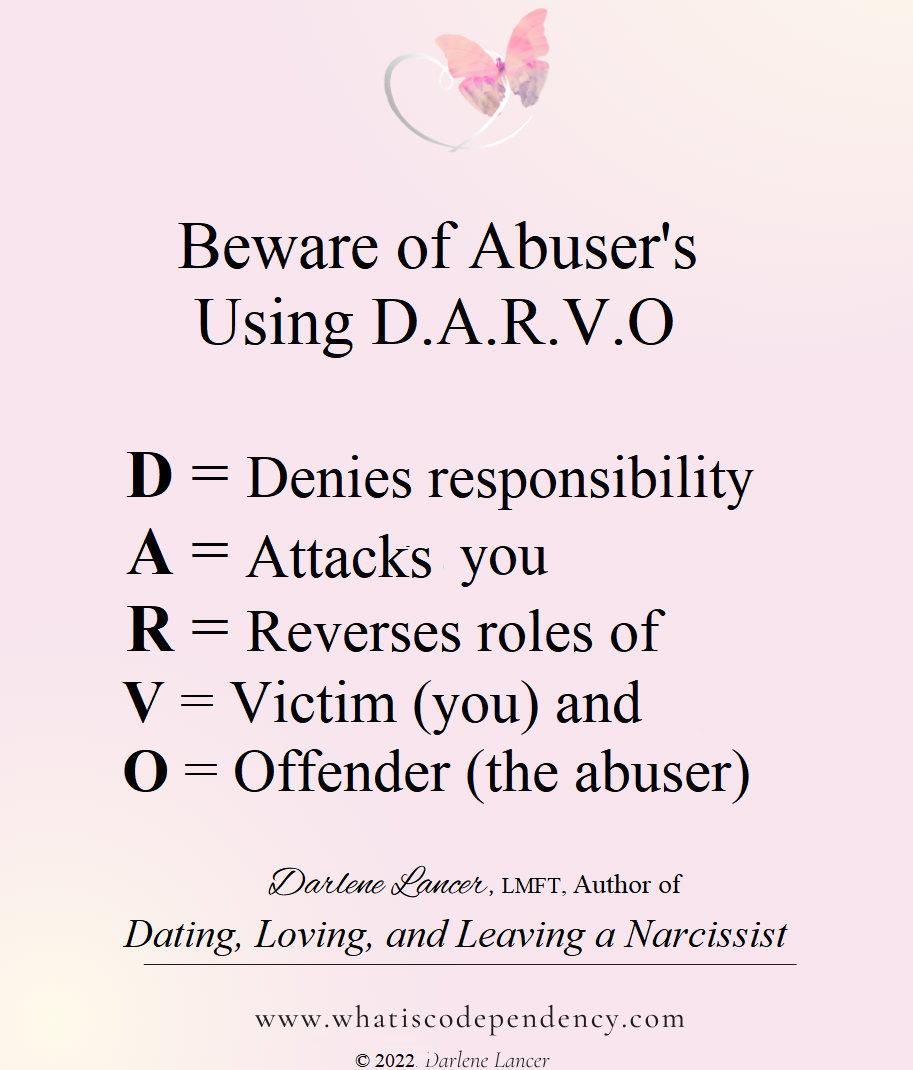 Abusers' Victim-Blaming Scheme: DARVO | by Darlene Lancer | Narcissism and  Abusive Relationships | Medium