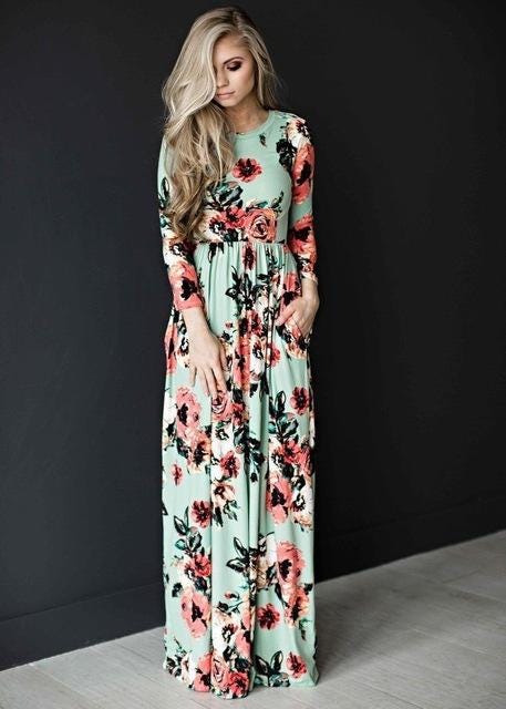 green emerald velvet dress Boho Maxi Dress with Long Sleeves