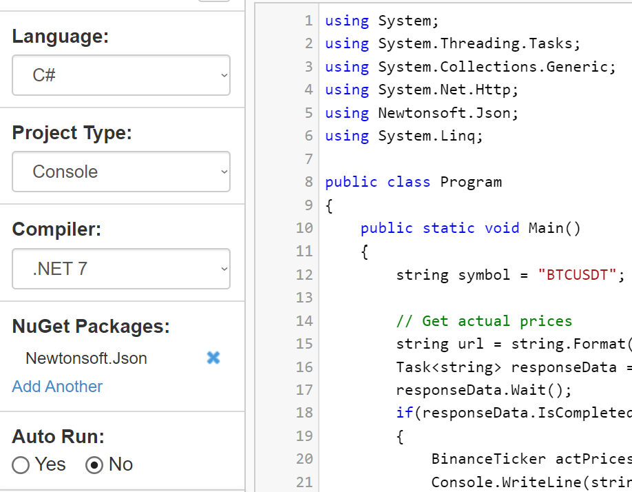 Download actual and historical quotes from Binance with C in your