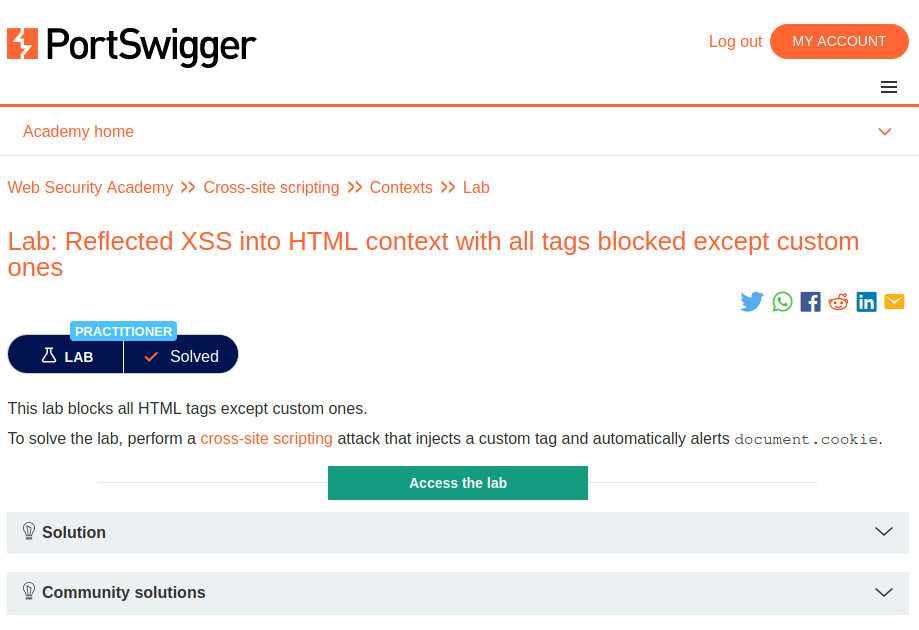 Lab Reflected XSS into HTML context with all tags blocked except custom ones — Portswigger Lab
