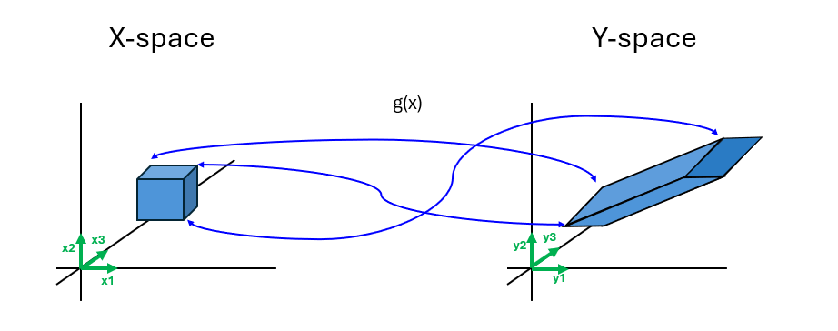 if g is not affine, in macroscopic scale, the volume in Y may not be a parallelepiped. But in the infinitesimally small scale, g behave like an affine function