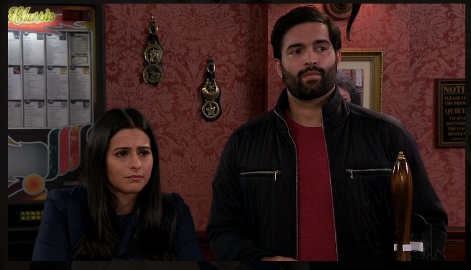 Screen Capture: Sair Khan and Charlie de Melo as Alya Nazir and Imran Habeeb, respectively, in “Coronation Street”