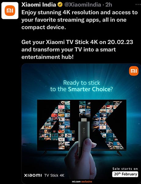 Xiaomi TV Stick 4K with Dolby Vision, Dolby Atmos to Launch in India on  February 14