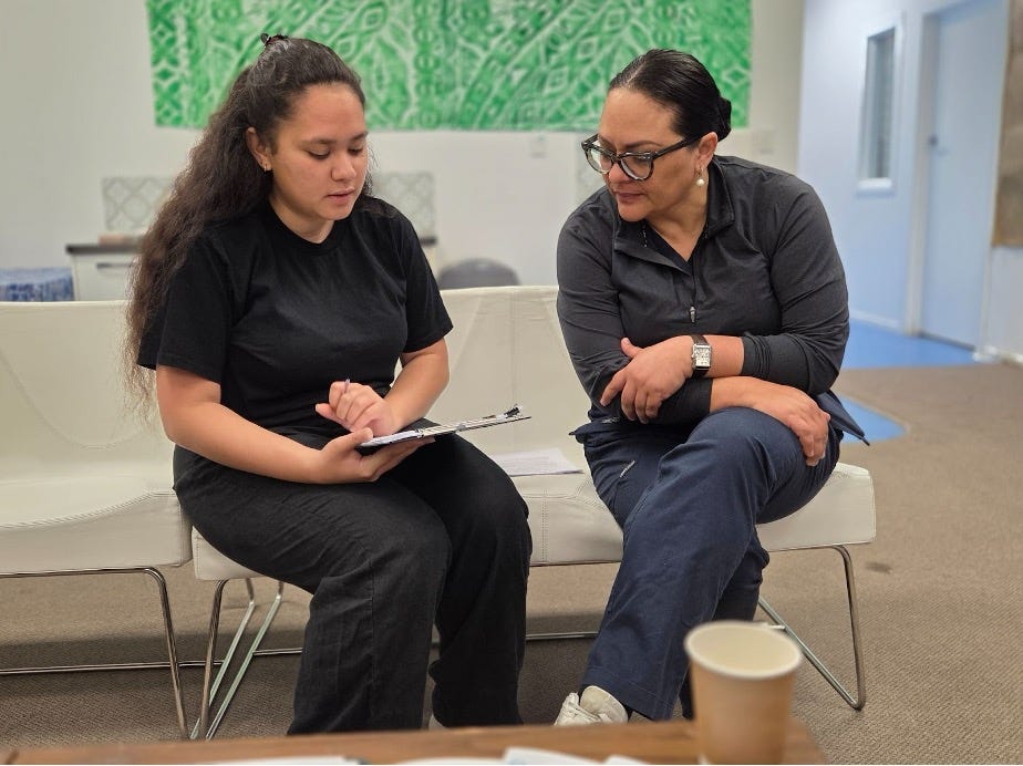 Variant Bio Standley Fellow Temoe Neuffer (left), practicing the informed consent process for the study together with Dr. Tapaeru-Ariki French. Photo credit: Olivia Gray
