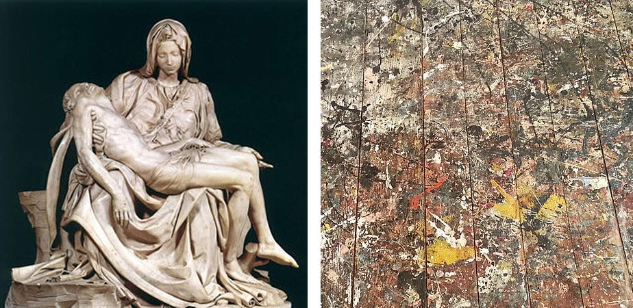 The Pietà, left, the floor of Jackson Pollock’s studio, right. (Wikicommons) Comic by the author, all rights reserved.