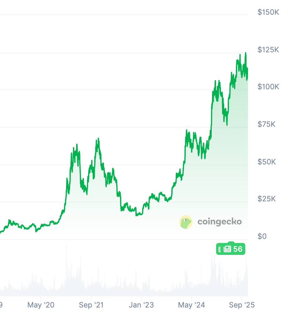 Coingecko screenshot of Bitcoin 2020–2026