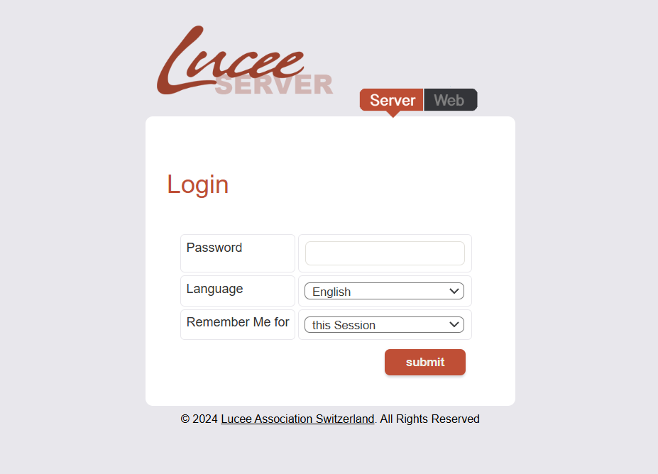 Lucee Admin Giriş Ekranı