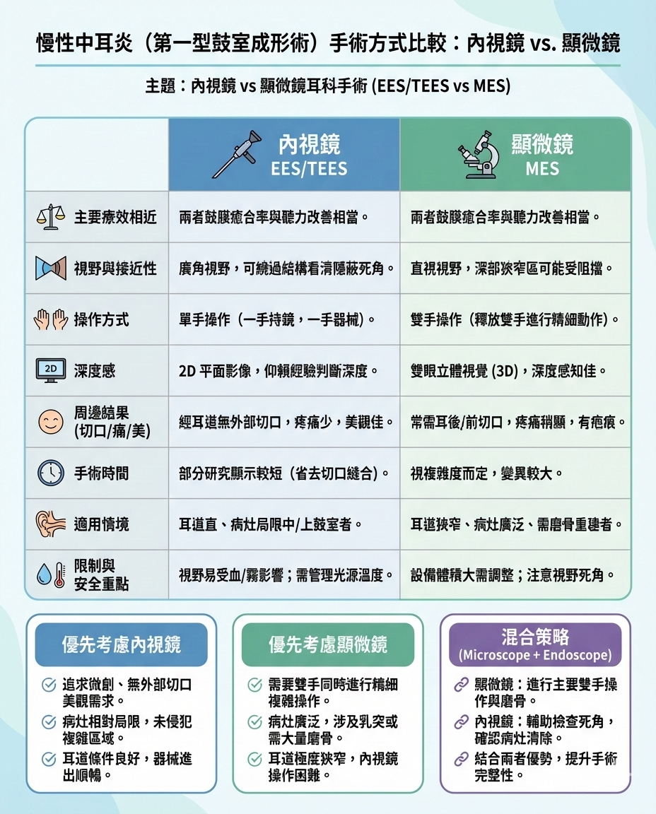 多數研究顯示:內視鏡與顯微鏡在鼓膜癒合率與聽力改善多半相近;差異常在疼痛/美觀/手術時間等周邊結果與適用情境(依個案而定)。
