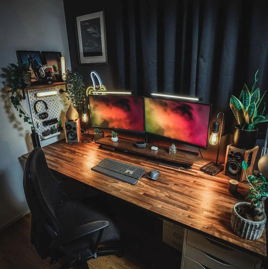 Desk gaming setup with LED lights  Video game rooms, Modern architecture  house, Home office setup