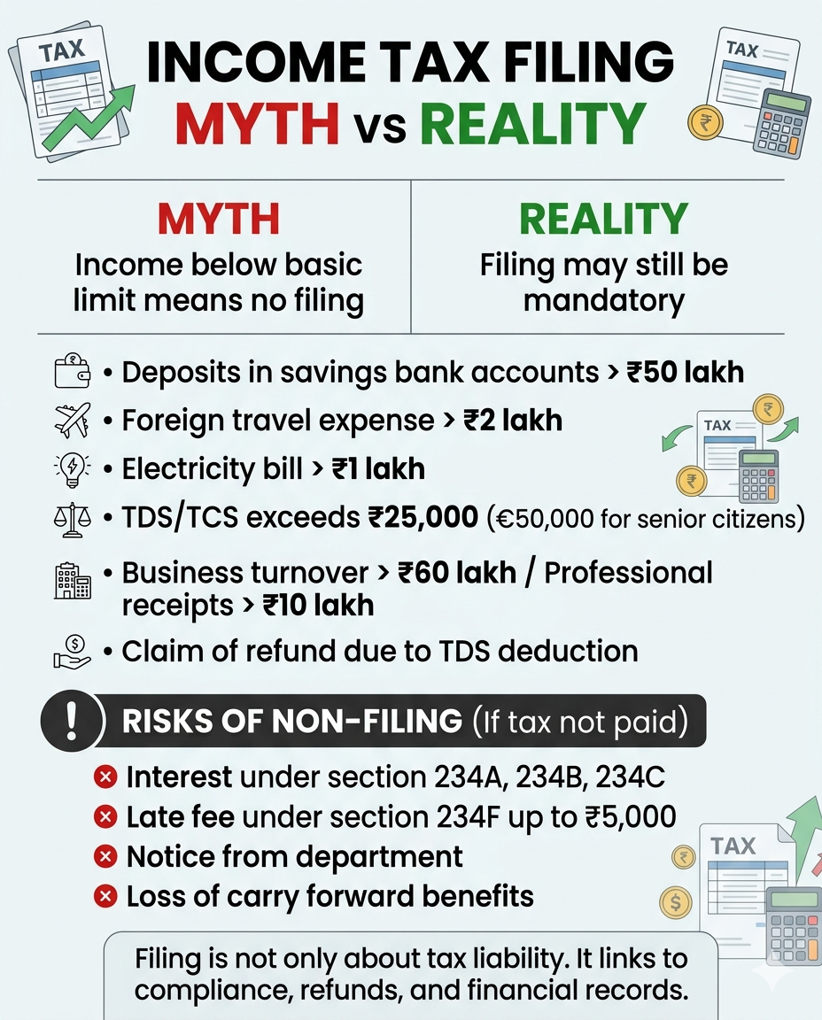𝗠𝗬𝗧𝗛: Income below basic limit means no filing vs 𝗥𝗘𝗔𝗟𝗜𝗧𝗬: Filing may still be mandatory