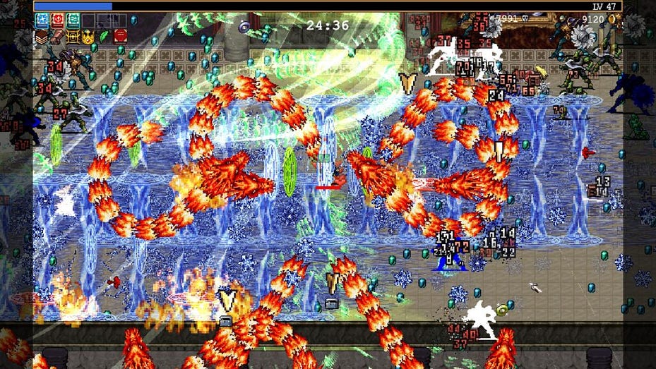 An action-packed screenshot from the game, full of dragons and spells.