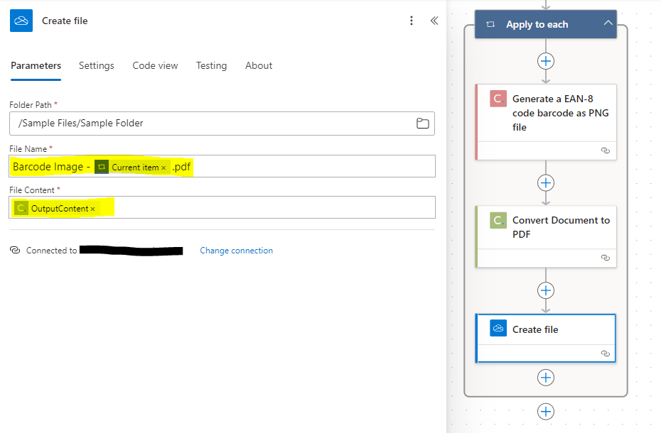 Use a Create file action to generate each barcode PDF