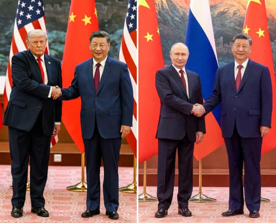 Jabat tangan Trump dan Putin dengan Xi di Great Hall of People (Sumber: The Guardian)