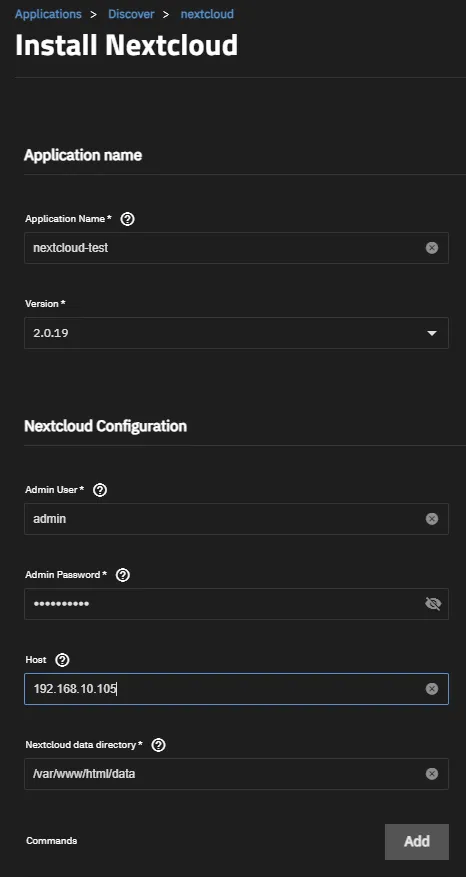 Nextcloud installation fields.