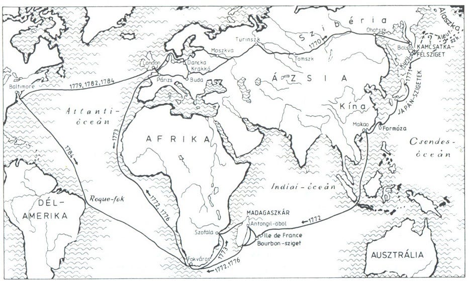 Beniowski’s journeys around the world. Image by Popik on Wikimedia Commons
