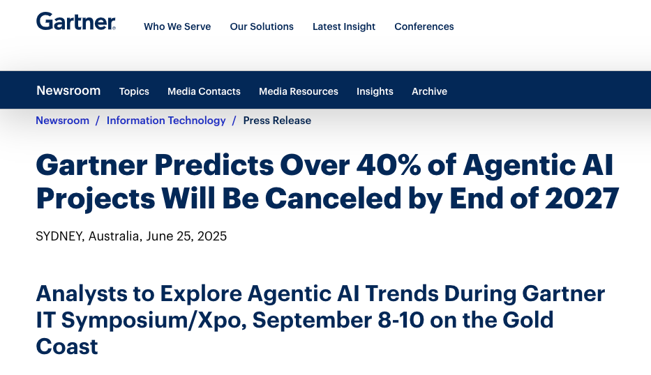 Gartner predicts agentic AI project cancellation risk (Source: Gartner)