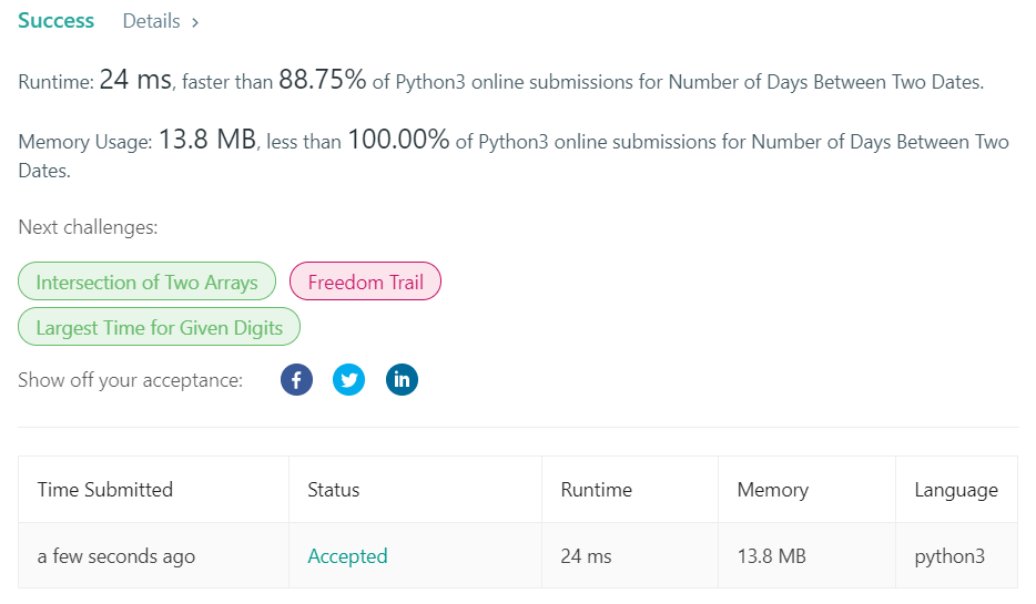 [LeetCode]1360. Number of Days Between Two Dates by Fatboy Slim Medium