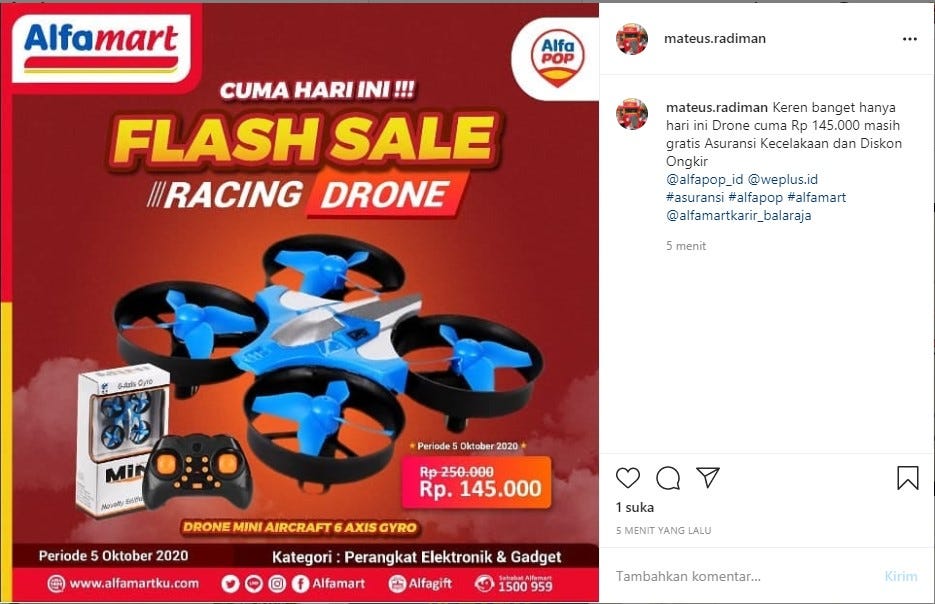 Review Flash Sale Racing Drone dari Aplikasi Alfapop di Toko Alfamart Gratis Asuransi