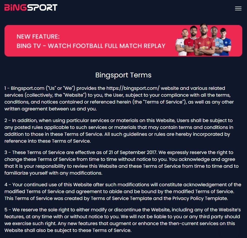 Bingsport Terms of Service