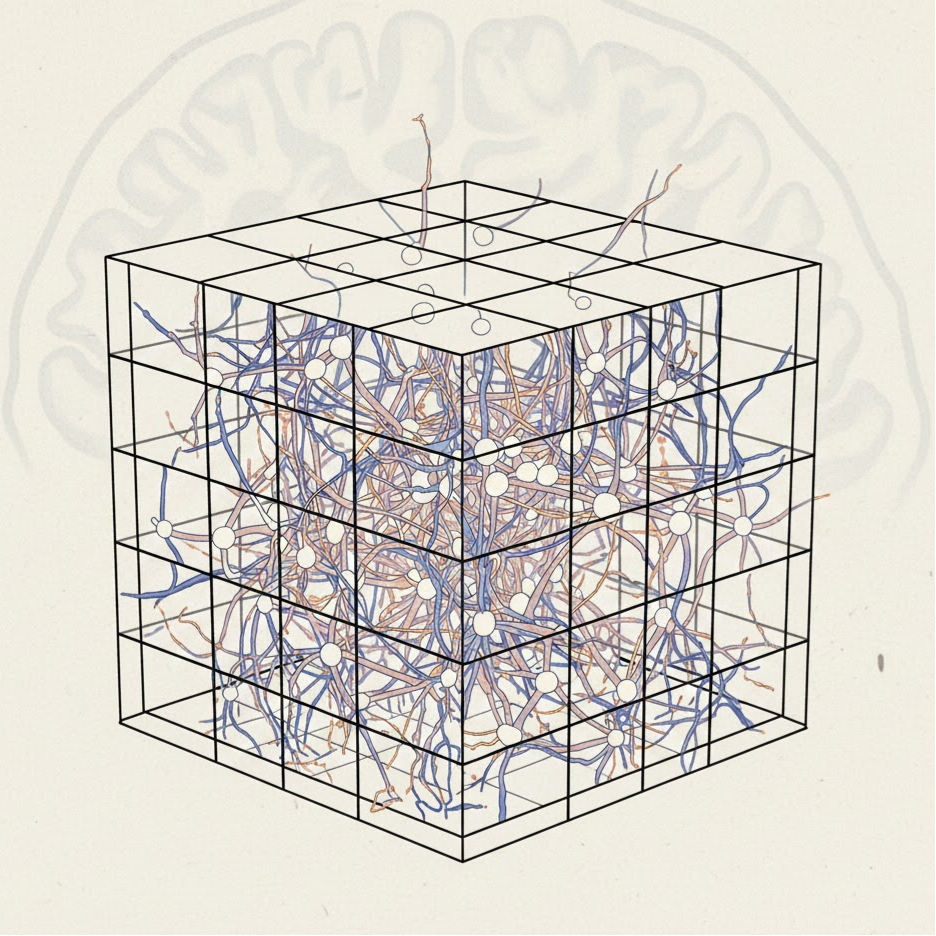 Each fMRI voxel contains many neurons; the measured signal is therefore an aggregate response from a small region of brain tissue, not the activity of a single neuron. Generated using ChatGPT.