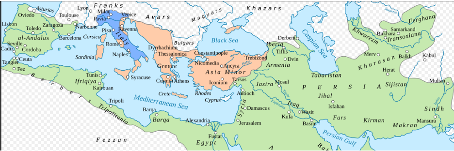 Franks (blue), Byzantine Empire (orange) and the Caliphates (green) — Circa 1000 CE