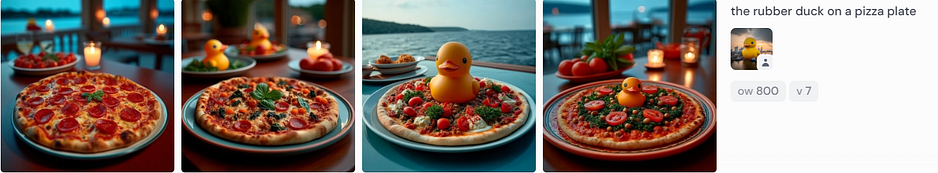 A series of four whimsical images showing a bright yellow rubber duck sitting on top of a pepperoni pizza. Each image features a different plate and background setting, from indoor dining to outdoor festivity, blending playful absurdity with appetizing detail.