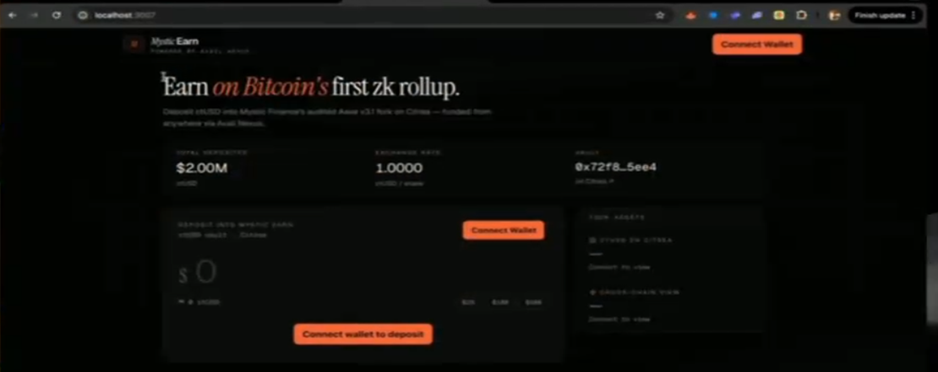 Mystic Earn en Citrea: “Earn on Bitcoin’s first zk rollup.” App de demo utilizada durante el workshop. $2M en depósitos totales.