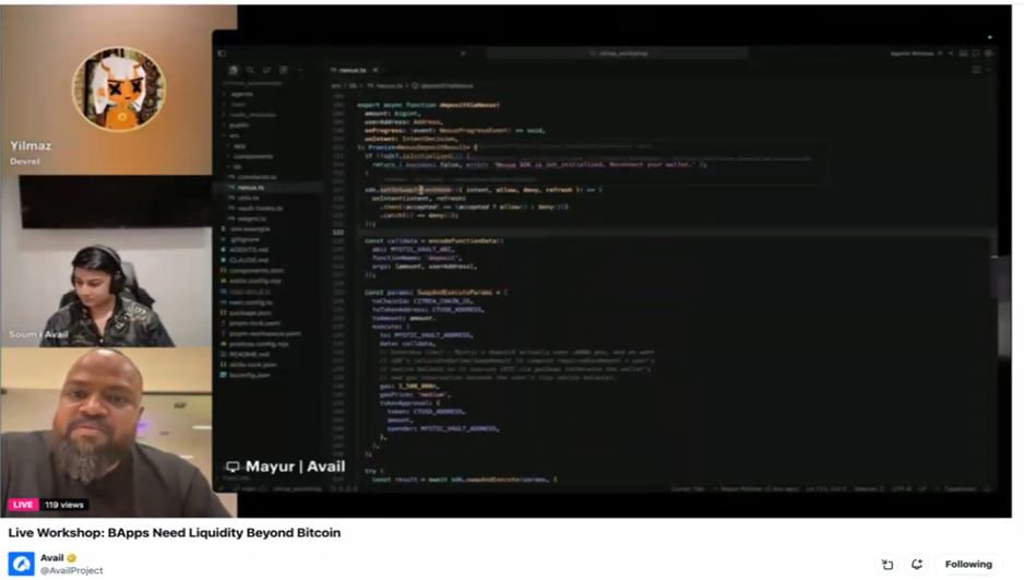 Walkthrough de codigo en vivo: funcion depositViaNextus usando el SDK de Avail Nexus | patron swapAndExecute en VS Code