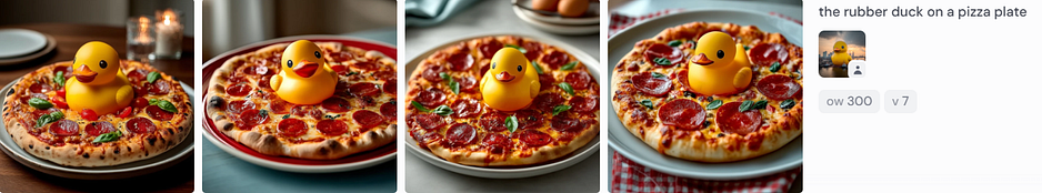 A series of four whimsical images showing a bright yellow rubber duck sitting on top of a pepperoni pizza. Each image features a different plate and background setting, from indoor dining to outdoor festivity, blending playful absurdity with appetizing detail.