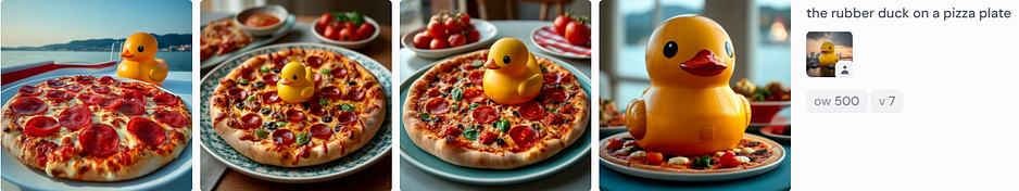 A series of four whimsical images showing a bright yellow rubber duck sitting on top of a pepperoni pizza. Each image features a different plate and background setting, from indoor dining to outdoor festivity, blending playful absurdity with appetizing detail.
