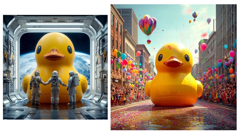 for this ChatGPT said: Left Image Alt Text: Three astronauts stand in awe inside a space station, facing a massive rubber duck positioned against the backdrop of Earth, visible through a large window. Right Image Alt Text: A giant rubber duck balloon floats down a city street during a vibrant parade, surrounded by cheering crowds, colorful balloons, and confetti filling the air.