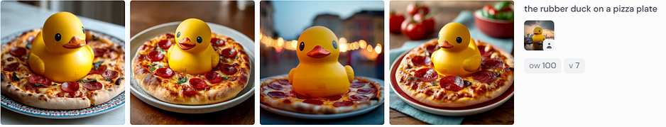 A series of four whimsical images showing a bright yellow rubber duck sitting on top of a pepperoni pizza. Each image features a different plate and background setting, from indoor dining to outdoor festivity, blending playful absurdity with appetizing detail.
