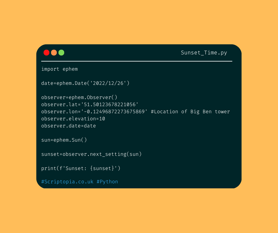 Python PyEphem Get Time Of Sunset Scriptopia Medium python-pyephem-get-time-of-sunset-scriptopia-medium