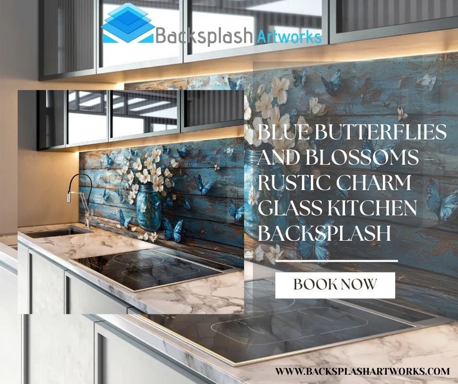 Blue Butterflies and Blossoms — Rustic Charm Glass Kitchen Backsplash — Backsplash Artworks