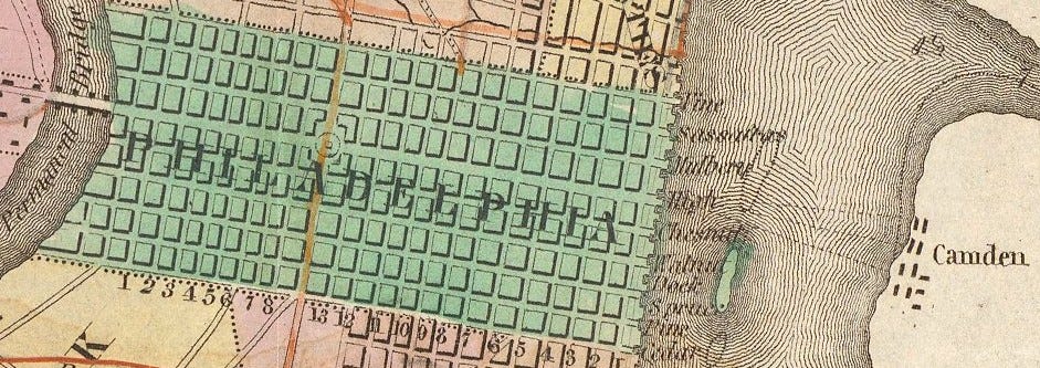 Map of Philadelphia’s waterfront, 1830, with ferries to Camden