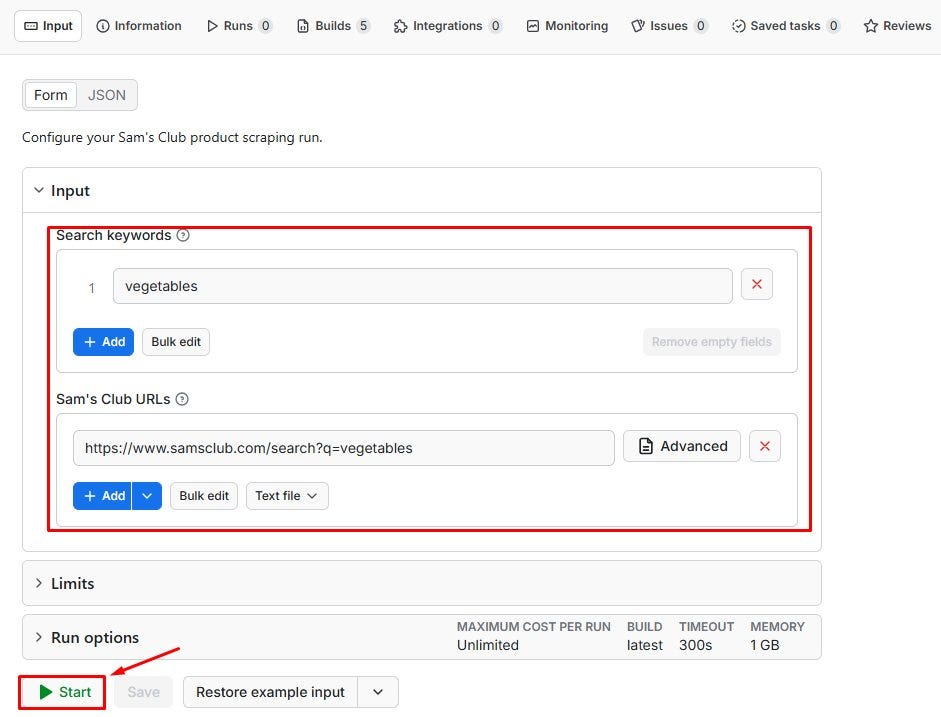 Step 3: Type your keyword and optionally paste a Sam’s Club URL into the highlighted fields. Hit Start. That’s the entire setup for a basic run.