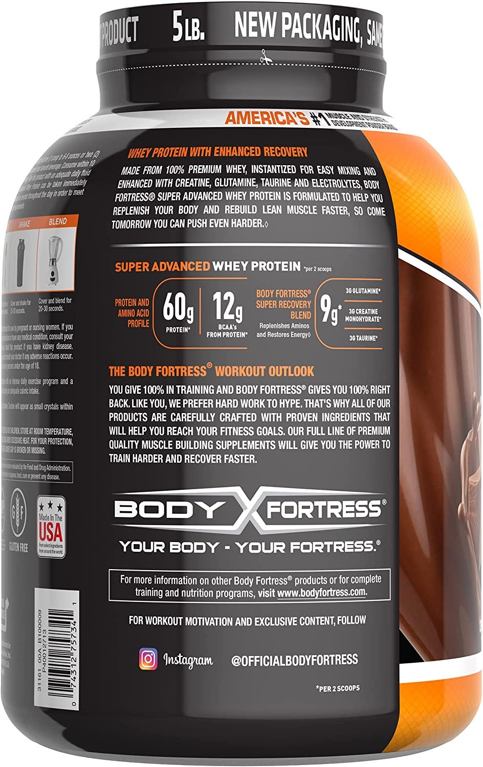 Body Fortress Whey Protein Powder, 60g Protein and 12g BCAA’s (per 2