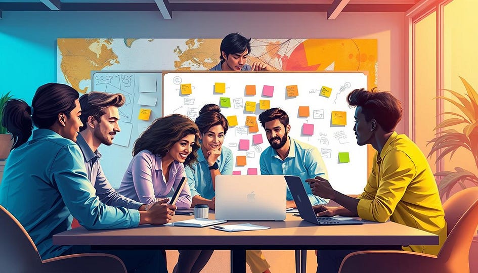 A dynamic and vibrant illustration of a diverse group of young entrepreneurs brainstorming in a modern co-working space, surrounded by technology like laptops and digital devices. The scene captures an atmosphere of collaboration and innovation, with colorful sticky notes and sketches on a whiteboard. Soft lighting creates a warm, inviting vibe, while the backdrop features abstract art symbolizing creativity and growth. BGR_Consulting.