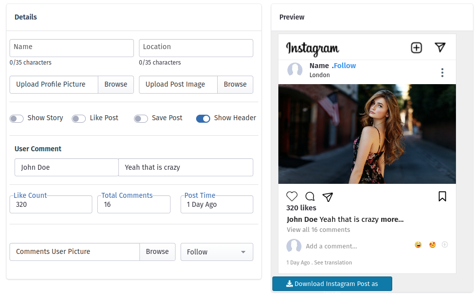 Fake Instagram Post Generator. With Fake Instagram generator you can