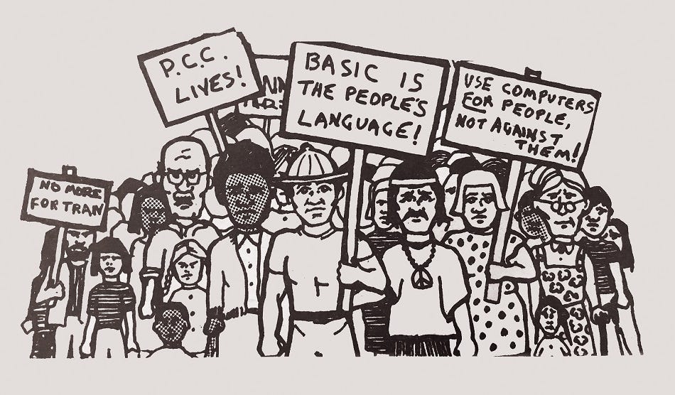 An Illustration from the People’s Computer Company Newsletter (October 1972) linking programming instruction to the Free Speech Movement. This popular graphic presents a diverse group ready to code: young and old, black and white, female and male. (Courtesy of the Computer History Museum)