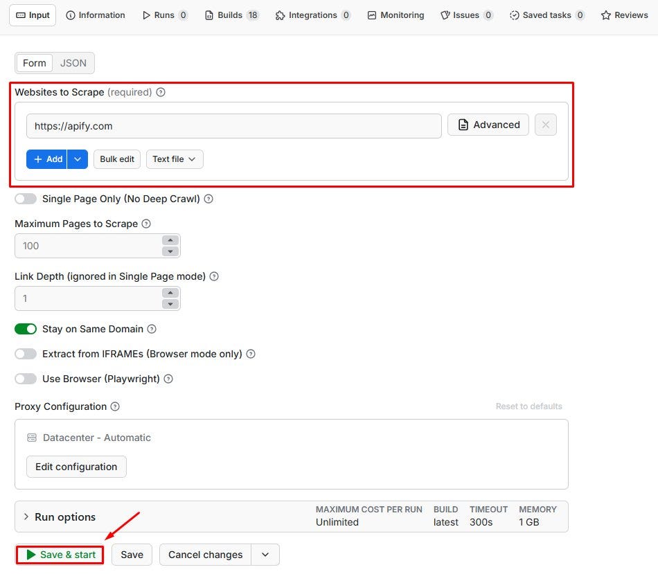 Step 3: Paste your target website URL. Toggle Single Page Off to crawl deeper. Hit Save & start. That’s the full setup.