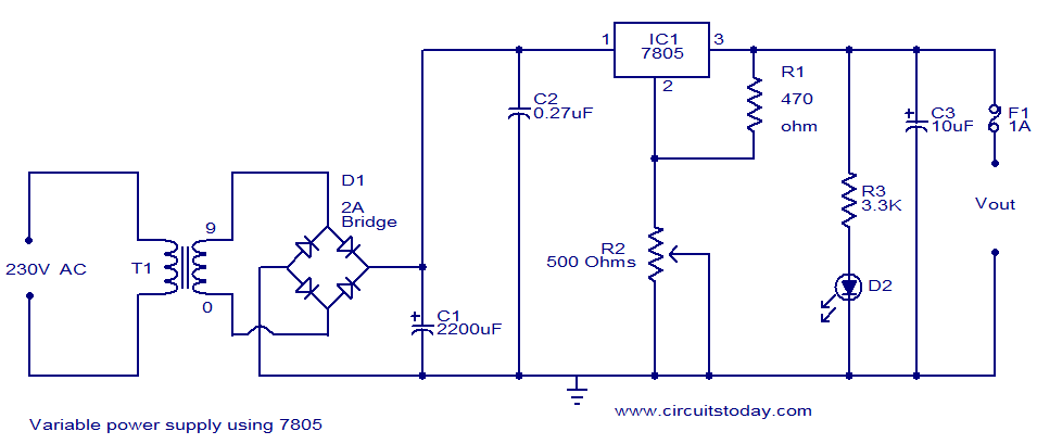 5V Power Supply Circuit using 7805 Regulator - Electronics Projects 2024